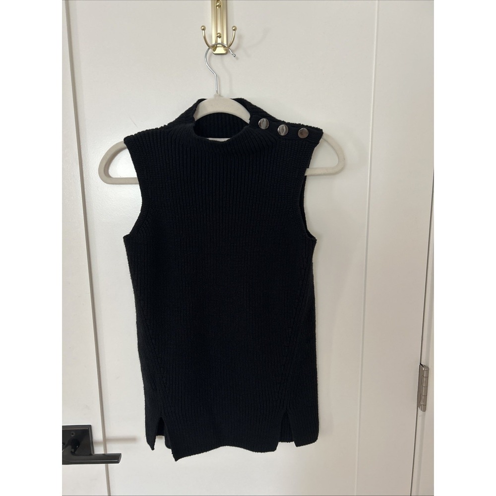 LOFT Cotton Wool Black Mock Neck Sleeveless Ribbed Tunic Sweater w Decor Size XS